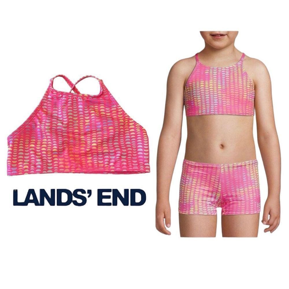 Lands’ End Bright Pink Geo Printed Bikini Top Size 8 New